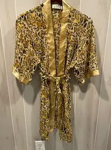 Vintage 80s-90s Korean sheer silky golden leopard robe kimono tie waist sexy