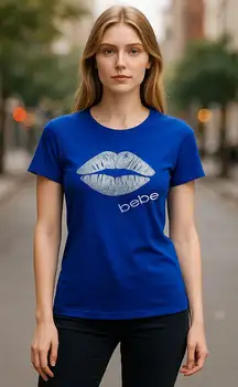 NWT Bebe Lip Short Sleeve Tee Top Blue Rayon