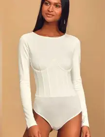 Lulus Dressed to Skill White Long Sleeve Underwire Bodysuit in white size Small