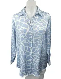 Zara Blue White Silk Satin Animal Print Long Sleeve Button Down Shirt Top Size S