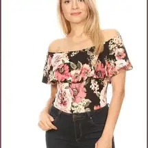 Black Floral Off Shoulder Ruffle Popover Bodysuit