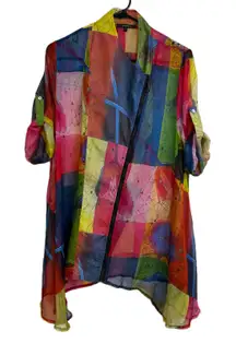 Radzoli Jacket Womens Large Multi Top Floral Colorful Art Asymm Zip Sheer Tab