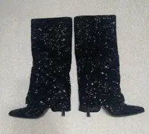 Sparkly Sequin Foldover Boots- Black, Size 9