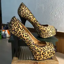 Express Calf Hair Leopard Print Platform Heels