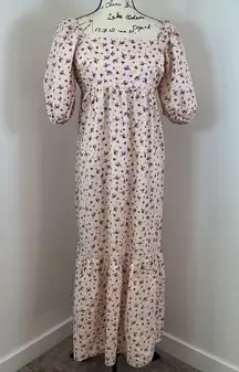 Fourteenth Place Purple Floral Print Square Neck Midi Dress Puff Sleeve L