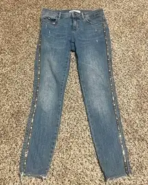 ZARA Distressed Skinny Jeans with Metallic Side Stripe Detail Medium Wash Size 8