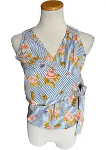 Womens Say What? Striped & Floral Print Sleeveless Wrap Top Blouse - Sz M