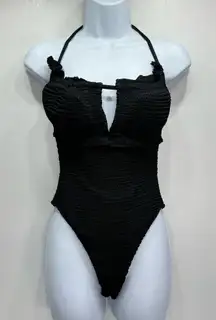 NEW Black One Piece Ruched Body Ruffle Bathing Suit Swimsuit High Leg Small