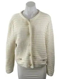 Massimo Dutti White Knit Long Sleeve Button Down Pockets Cardigan Sweater Top L