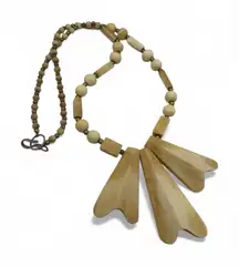 Vintage Carved Bone & Wood Boho Statement Necklace 21” Tribal Natural Earthy