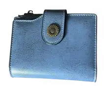 SENDEFN Leather Wallet‎ Short 16 Card Slots Zipper Pocket Grey Blue Sunflower