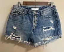 KanCan Jovana Ultra Hi‎ Rise Shorts Medium Wash Distressed Button Fly Jean Denim
