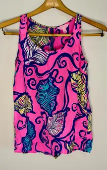 Lilly Pulitzer Pink Blue Leaf Print 100% Silk Tank Top | XS