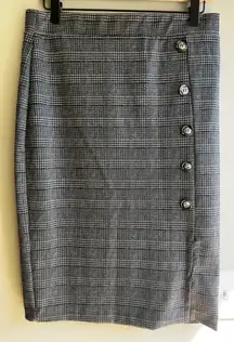 Meg & Margot Plaid Button Accent Career Pencil Skirt Gray Professional Academia