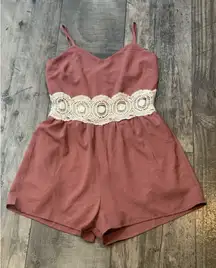Womens MAUVE PINK CHIFFON SHORTS ROMPER Zipper Back IVORY CROCHET WAISTBAND Sm