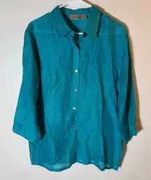 Chicos Teal Linen Silk Blend Button Up Shirt Size‎ 2