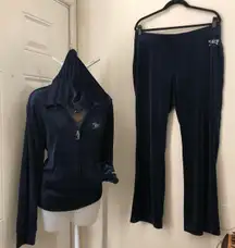 Y2K Navy Blue Velvet Juicy Couture tracksuit Set Zip up Hoodie Sweatshirt Flare Sweatpants Mid Rise-XL Measurement in pics