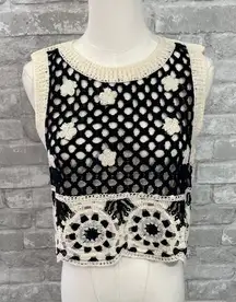 DAVI & DANI black and cream crochet knit sweater tank with flower details