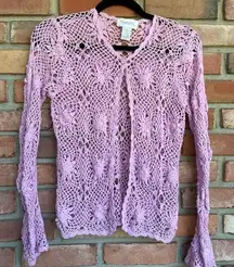 Vintage Chadwick's, Pink Orchid Flower Crochet Knit Sweater Bell Sleeves, Medium