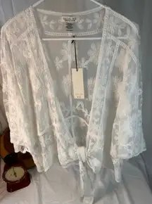 Rachel Zoe Ivory lace floral design‎ kimono cardigan with tie front one size new