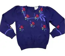 Vintage Susan Bristol Hand Embroidered Wool Sweater Purple Floral Size 34 Small