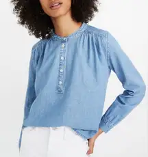 Madewell Denim Shirred Popover Top in Emmie Wash Extra Small Jean Half Button 1