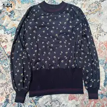 WOMENS FRENCH CONNECTION SIZE UK M NAVY MIX CREW PULLOVER BLOUSE TOP FRILL TRIM