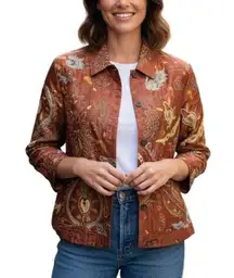 Chicos 100 % Silk Embroidered Beaded Button Up Shirt Jacket Womens 1/Small