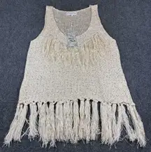 Pretty Angel Womens Crochet Linen Blend Cream Fringed Tank Top Tassels NWT‎