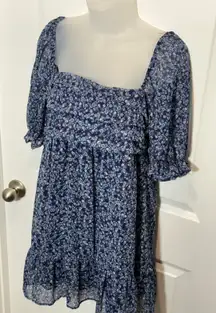 Trixxi Navy Blue Floral Print Square Neck Puff Sleeve Ruffle Tiered Dress Medium