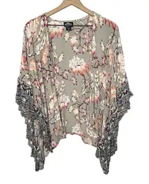 ANGIE Women's Sm Open Front Kimono Top Floral Ruffle Tim Taupe Coral Oversized