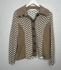 Blue Willi’s  Denmark Women L Beige White Cardigan Sweater Checkered Knit Button