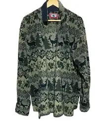 True Grit Button Up Fleece Sweater Green Deer Nature Forest Womens Large