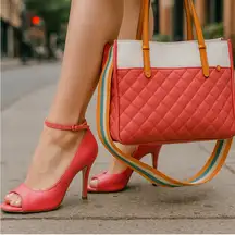 Betsey Johnson Chic salmon colored Quilted Handbag with cross body strap.