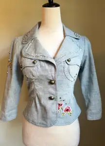 Cell Embroidered flowers Blue Jean Jacket bling Y2K‎ boho cottage core fairy med