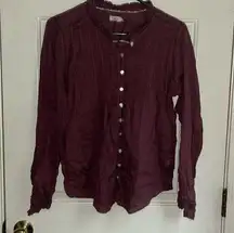 button down long sleeve blouse in burgundy. Size large. Made in India.