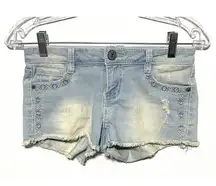 Vanilla Star Jean Shorts Cutoff Fray Hem Distressed Embroidered Pocket Juniors 0