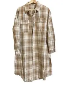 Tan beige cream plaid long flannel shacket overcoat fall layers western cozy