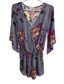 Umgee crossover cotton blend S gray floral shorts romper jumper flare sleeve