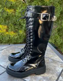 GB Black NEW Sky-Scraper Lug Sole Platform Lace-Up Patent Tall Boots Size 6