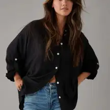 American Eagle Black Cotton Blend Button Down Oversized Top