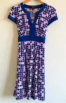 Bcbgmaxazria Dots Print Midi‎ Flare Dress Split Neck Short Sleeve Belted …