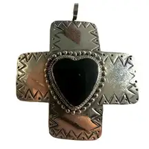 Lotus Silver tone and black heart cross pendant necklace