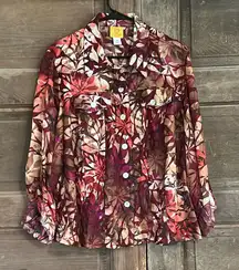 Ruby Rd Jacket Womens 18 W  Red Floral Cropped Button‎ Collar Roll Tab Sleeve