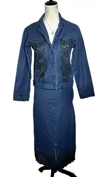 Surya Embroidered Beaded Cutout Denim Skirt Set XS | Country Western Boho Rodeo