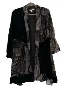 Vintage Black Velvet Design Floral Cardigan Bohemian Style Chicos Womens Size XL