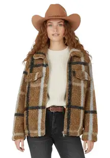 Stoosh Plaid Sherpa Fleece Jacket Womens L Brown Cozy Winter Rustic Country