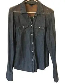 Chambray lace Boho western denim button up shirt coastal cowgirl pearl buttons