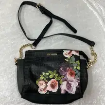 Steve Madden Black Floral Logo Printed Chain Strap Crossbody Roses Shoulder Bag