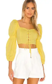 Revolve Majorelle Baby Yellow Sienna Crop Top Smocked Lace Up Long Sleeves
